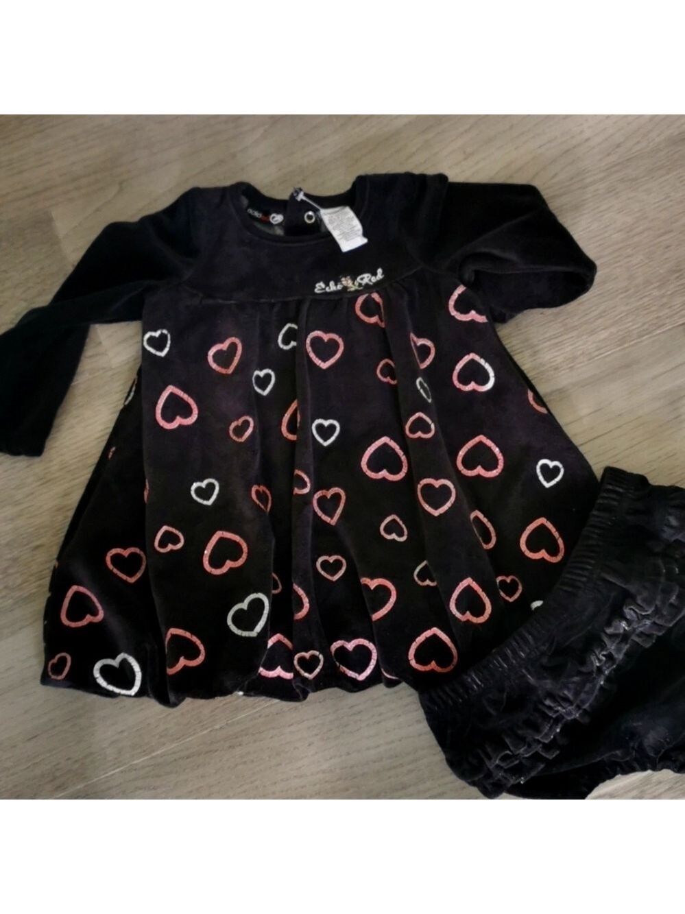 Echo Red black velvet girl's dress with frilly pants. Size 24 months. EUC